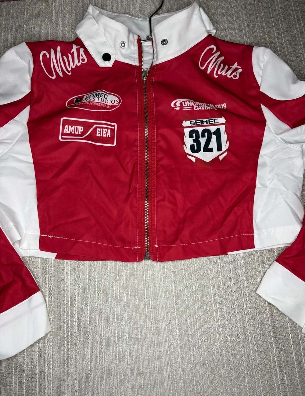 Muts Red and White Cropped Racing Jacket with Patch Details